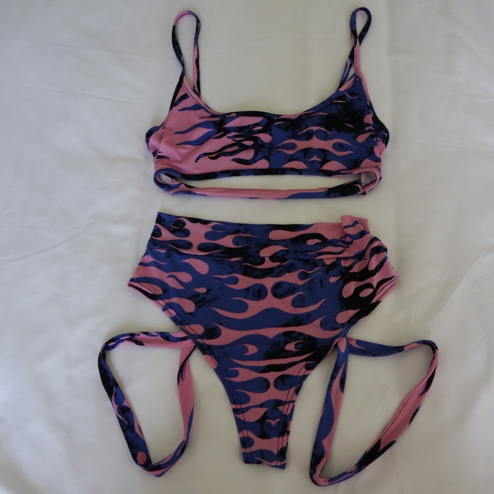 One By One Two Piece Set Women's Small Rave Festival Flame Purple Pink Sexy EDC